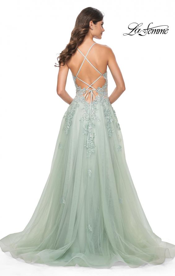 La Femme 32438 prom dress images. La Femme 32438 is available in these colors: Light Blue, Sage.