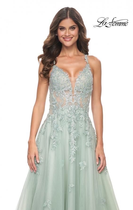 La Femme 32438 prom dress images. La Femme 32438 is available in these colors: Light Blue, Sage.