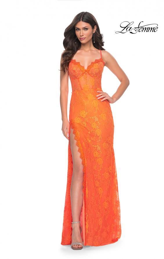 La Femme 32441 prom dress images. La Femme 32441 is available in these colors: Bright Green, Bright Orange, Hot Fuchsia.