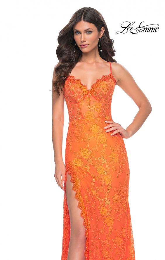 La Femme 32441 prom dress images. La Femme 32441 is available in these colors: Bright Green, Bright Orange, Hot Fuchsia.