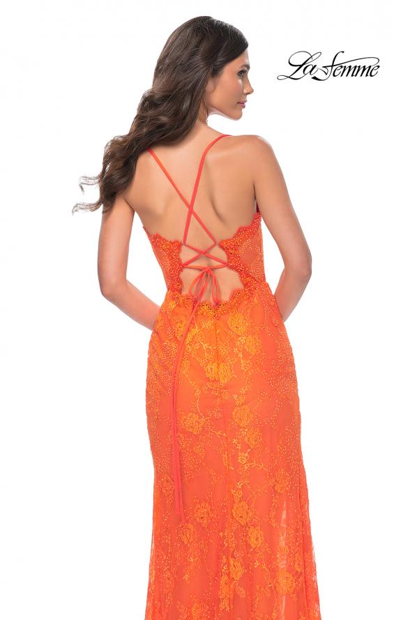 La Femme 32441 prom dress images. La Femme 32441 is available in these colors: Bright Green, Bright Orange, Hot Fuchsia.