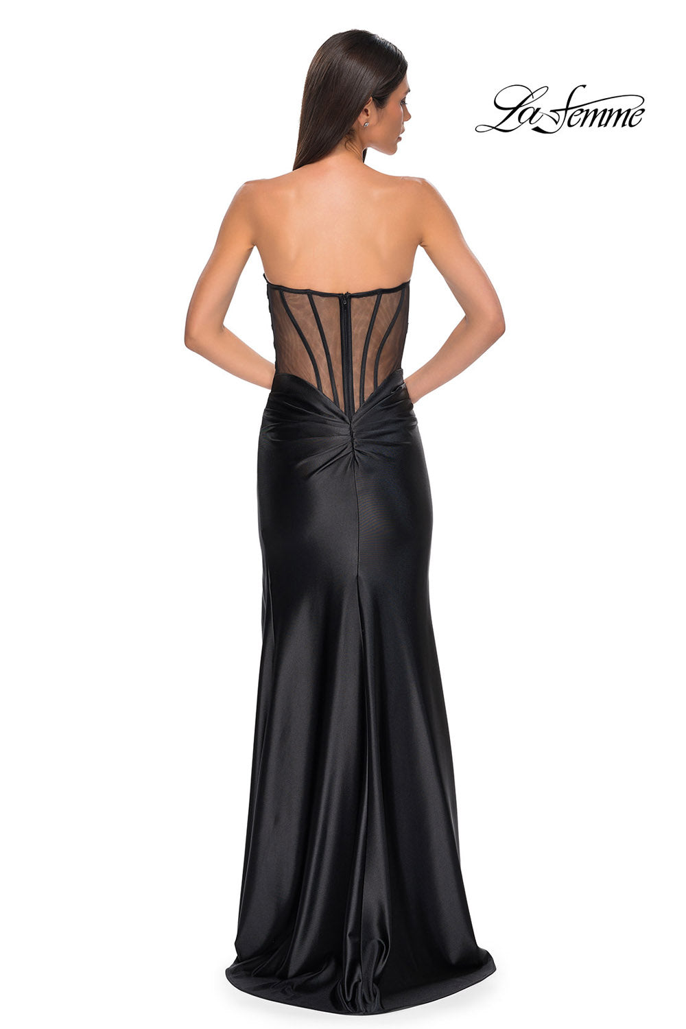 La Femme 32649 prom dress images.  La Femme 32649 is available in these colors: Black, Deep Red, Royal Purple.