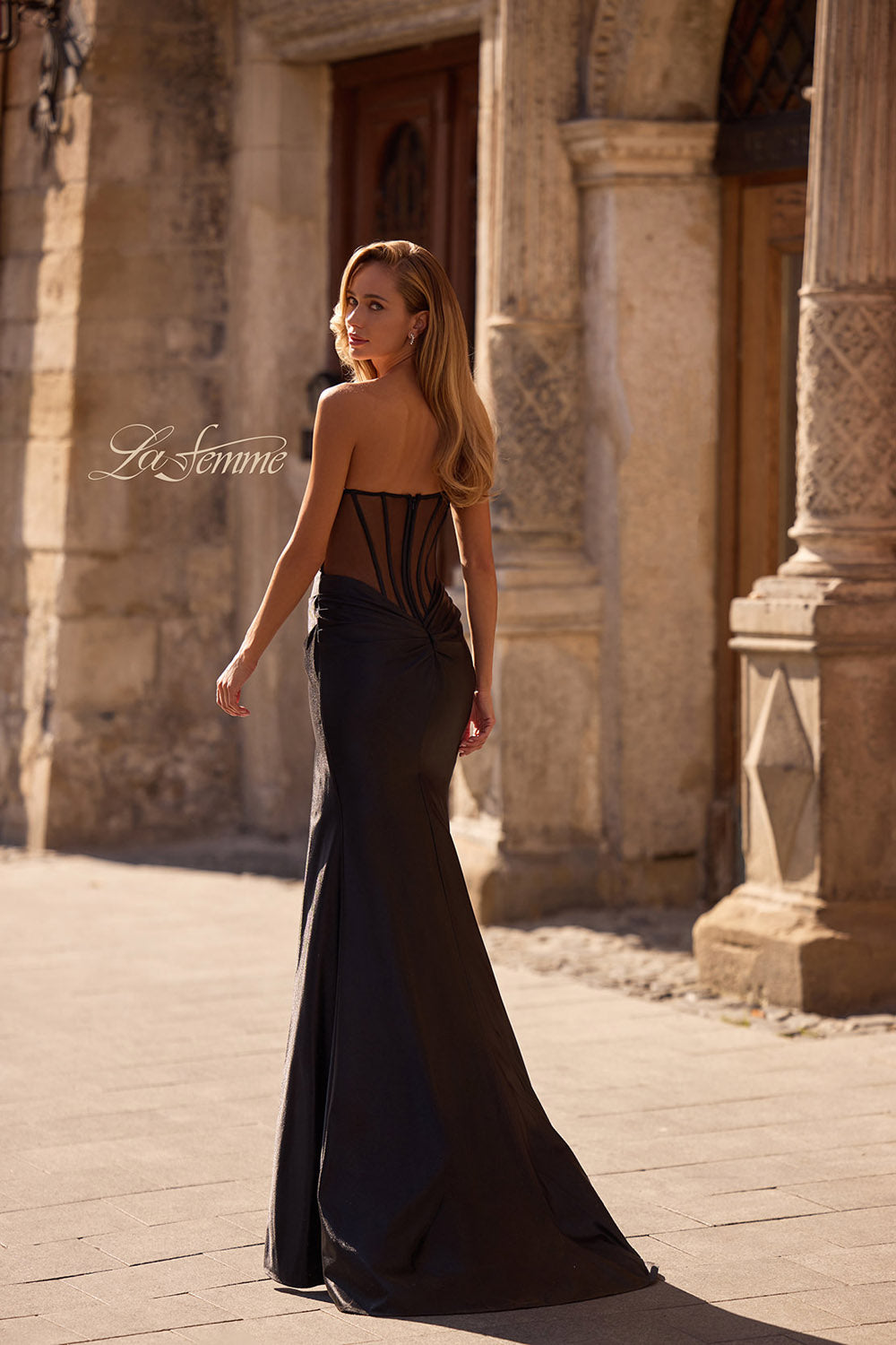 La Femme 32649 prom dress images.  La Femme 32649 is available in these colors: Black, Deep Red, Royal Purple.