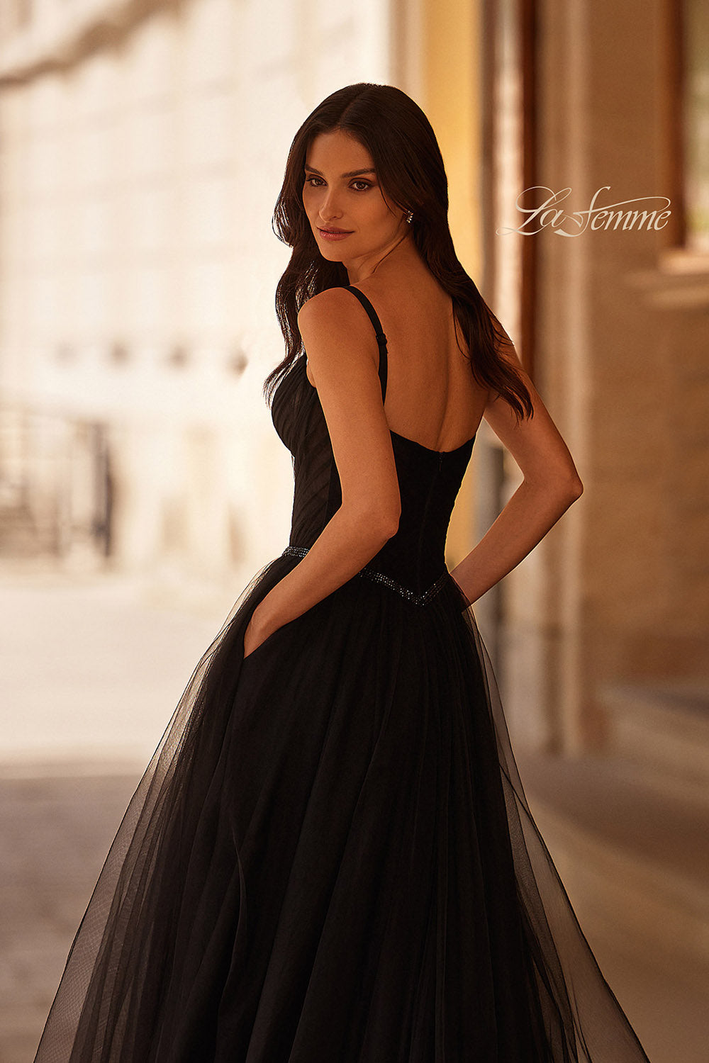 La Femme 32656 prom dress images.  La Femme 32656 is available in these colors: Black, Royal Blue.