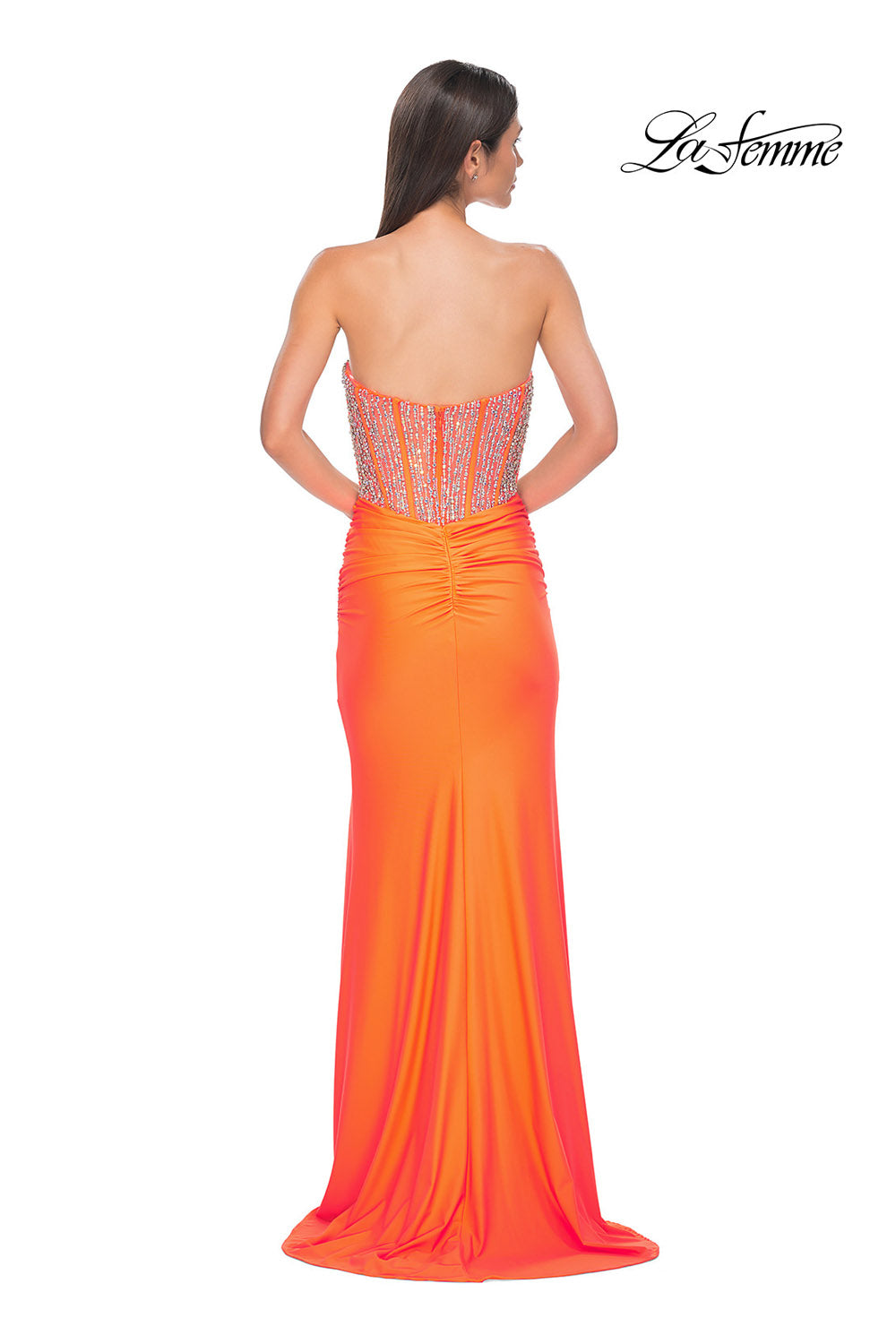 La Femme 32669 prom dress images. La Femme 32669 is available in these colors: Black, Bright Orange, Cloud Blue, Dark Teal, Red, Royal Blue.