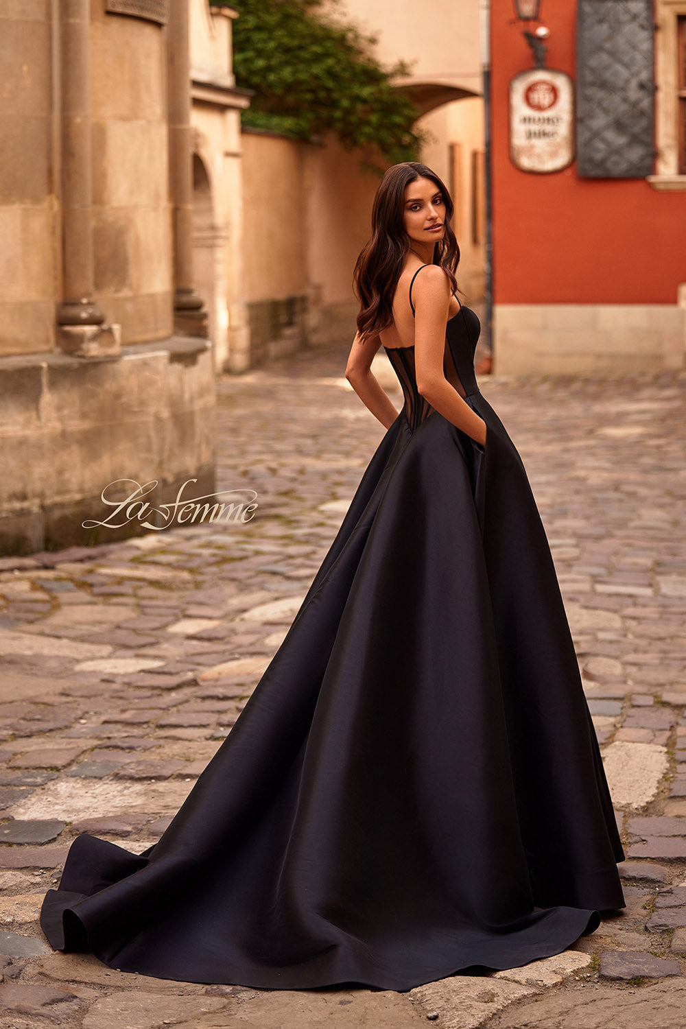 La Femme 32670 prom dress images. La Femme 32670 is available in these colors: Black, Wine.