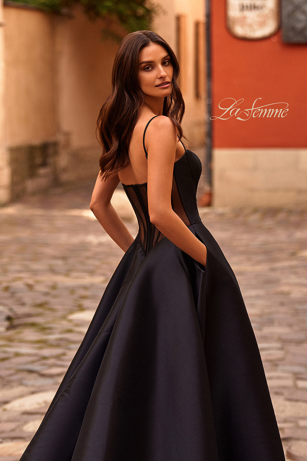 La Femme 32670 prom dress images. La Femme 32670 is available in these colors: Black, Wine.