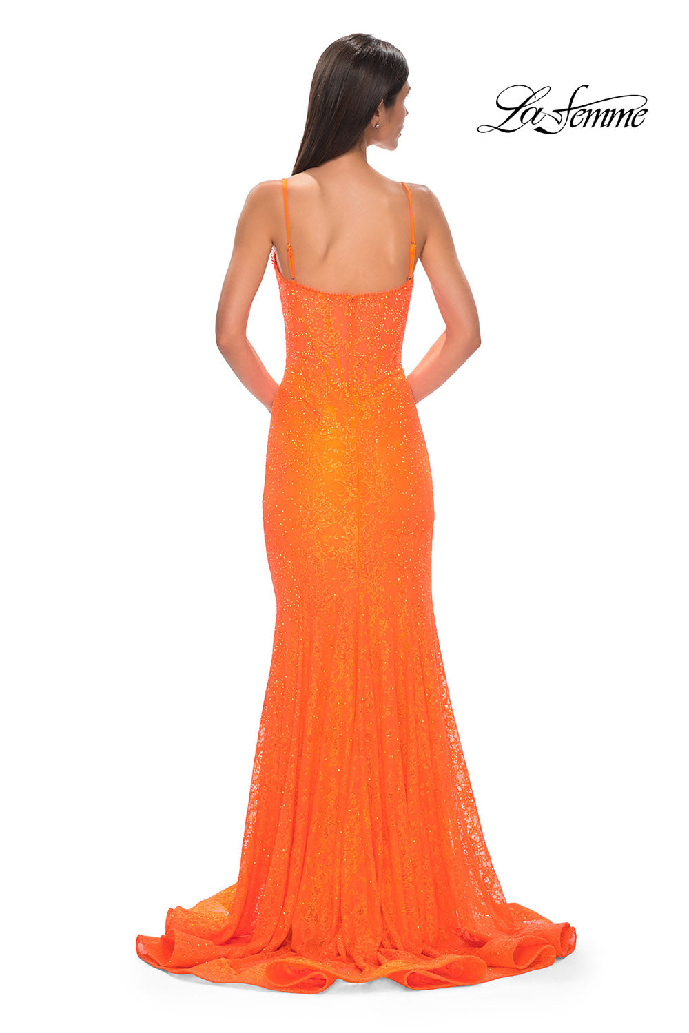 La Femme 32671 prom dress images. La Femme 32671 is available in these colors: Black, Bright Orange, Dark Berry, Dark Teal, Light Periwinkle.