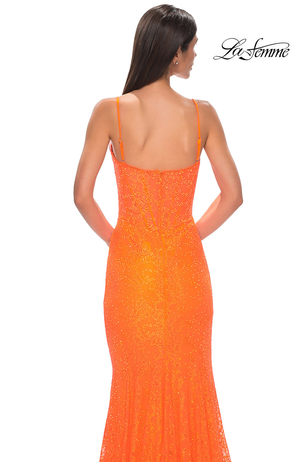 La Femme 32671 prom dress images. La Femme 32671 is available in these colors: Black, Bright Orange, Dark Berry, Dark Teal, Light Periwinkle.