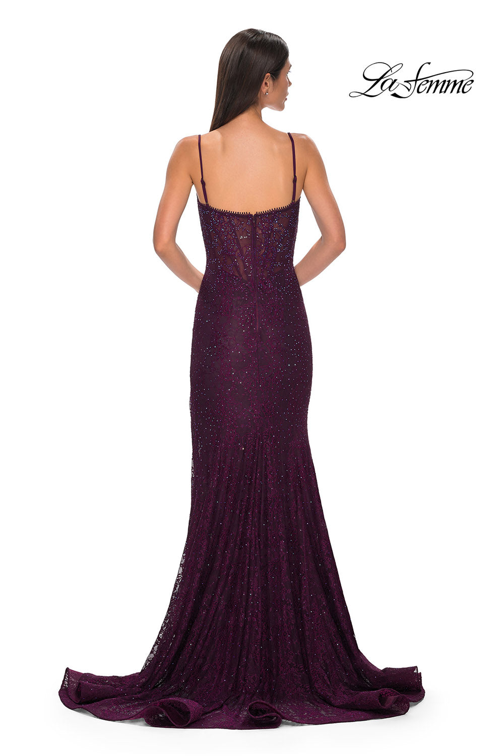 La Femme 32671 prom dress images. La Femme 32671 is available in these colors: Black, Bright Orange, Dark Berry, Dark Teal, Light Periwinkle.