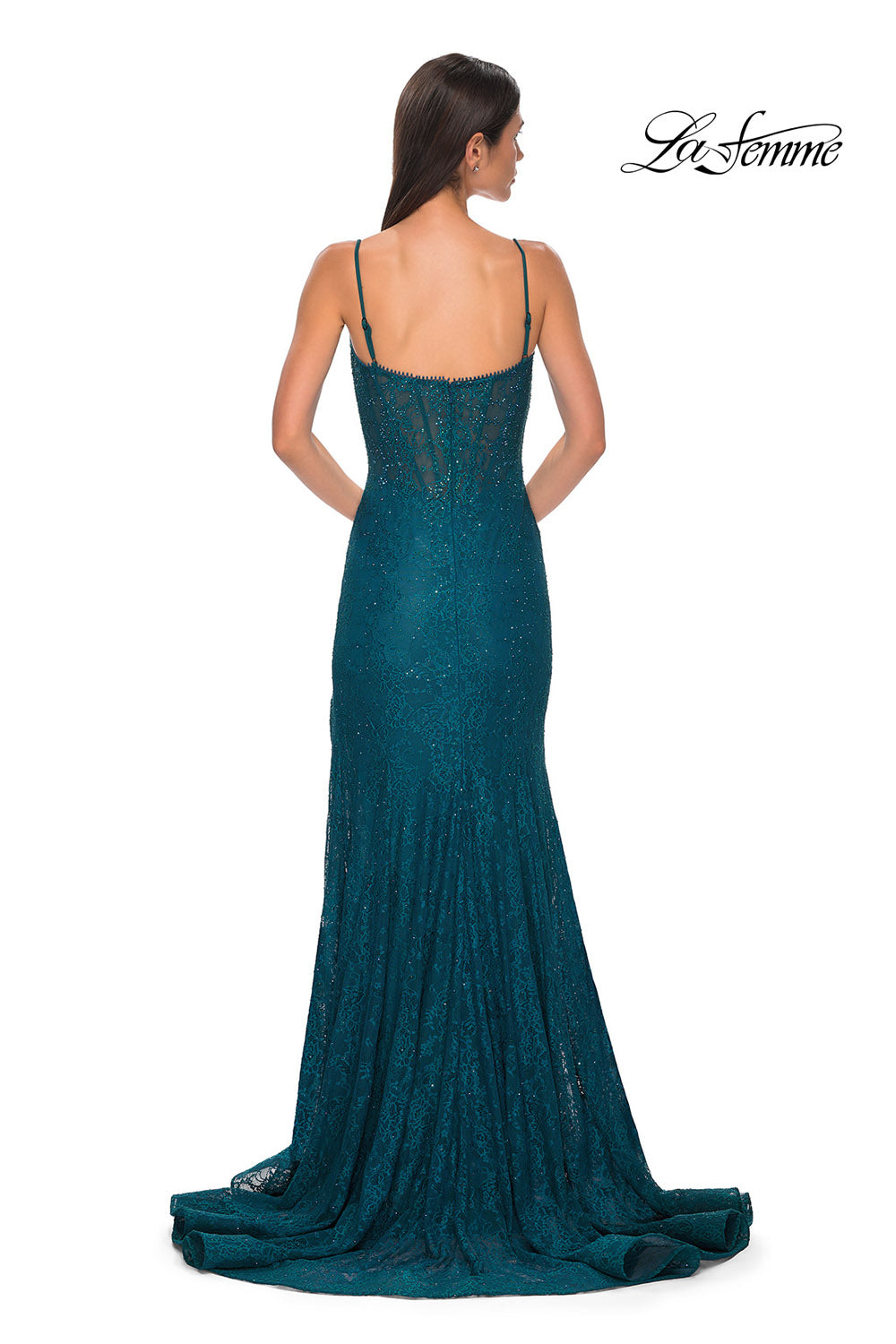 La Femme 32671 prom dress images. La Femme 32671 is available in these colors: Black, Bright Orange, Dark Berry, Dark Teal, Light Periwinkle.