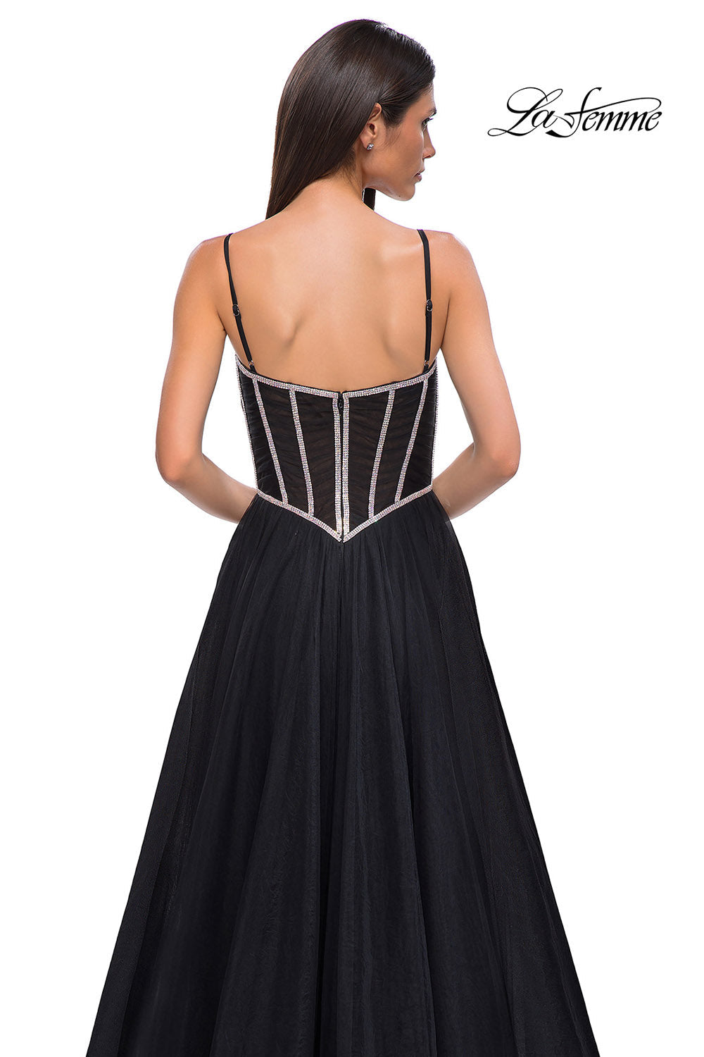 La Femme 32675 prom dress images. La Femme 32675 is available in these colors: Black, Blush, Light Periwinkle, Pale Yellow.