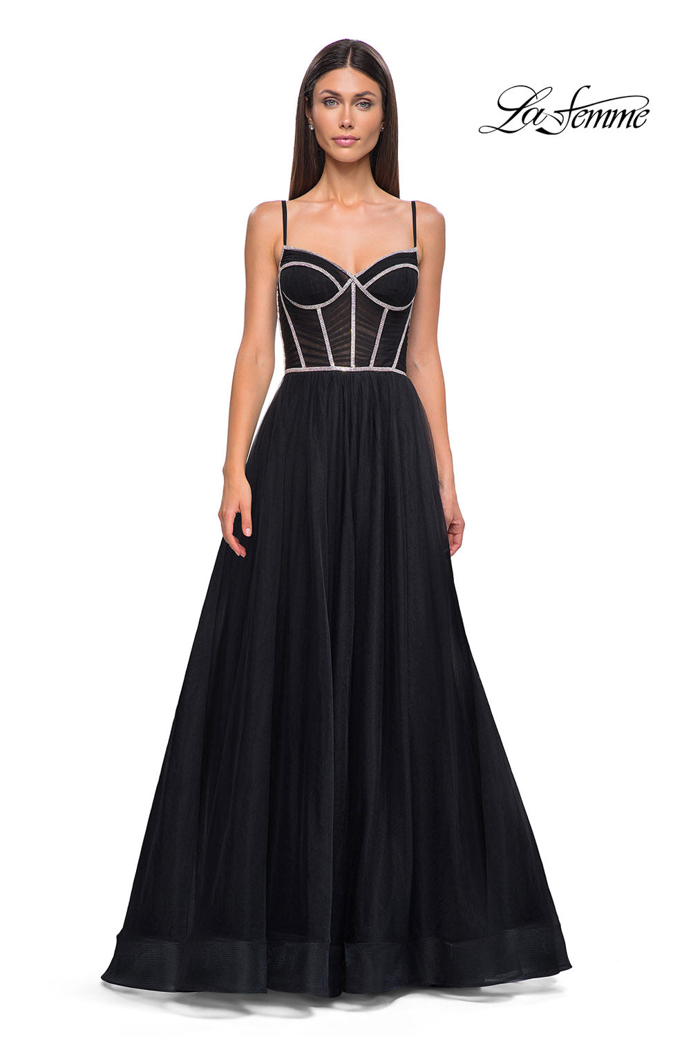 La Femme 32675 prom dress images. La Femme 32675 is available in these colors: Black, Blush, Light Periwinkle, Pale Yellow.