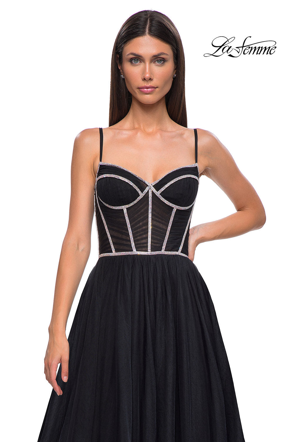 La Femme 32675 prom dress images. La Femme 32675 is available in these colors: Black, Blush, Light Periwinkle, Pale Yellow.