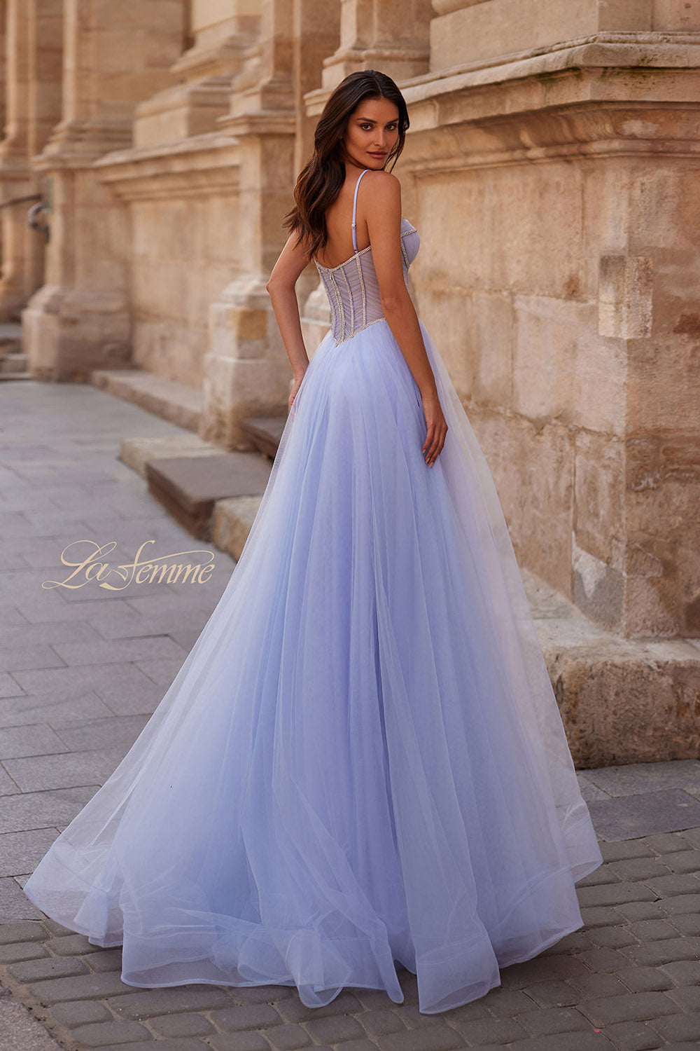 La Femme 32675 prom dress images. La Femme 32675 is available in these colors: Black, Blush, Light Periwinkle, Pale Yellow.
