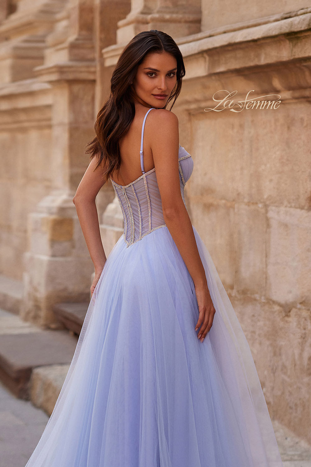 La Femme 32675 prom dress images. La Femme 32675 is available in these colors: Black, Blush, Light Periwinkle, Pale Yellow.