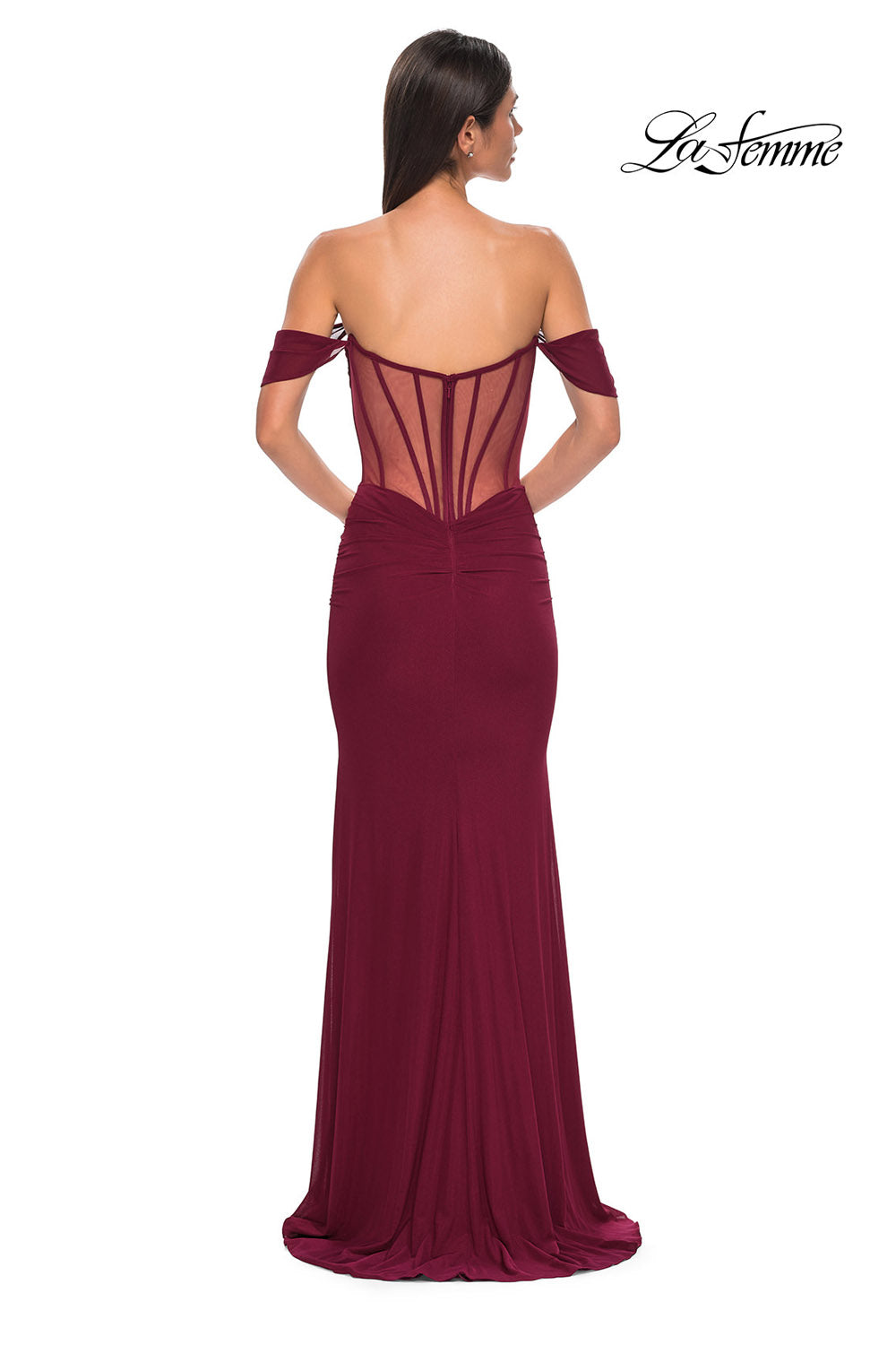La Femme 32684 prom dress images. La Femme 32684 is available in these colors: Black, Dark Berry, Emerald.