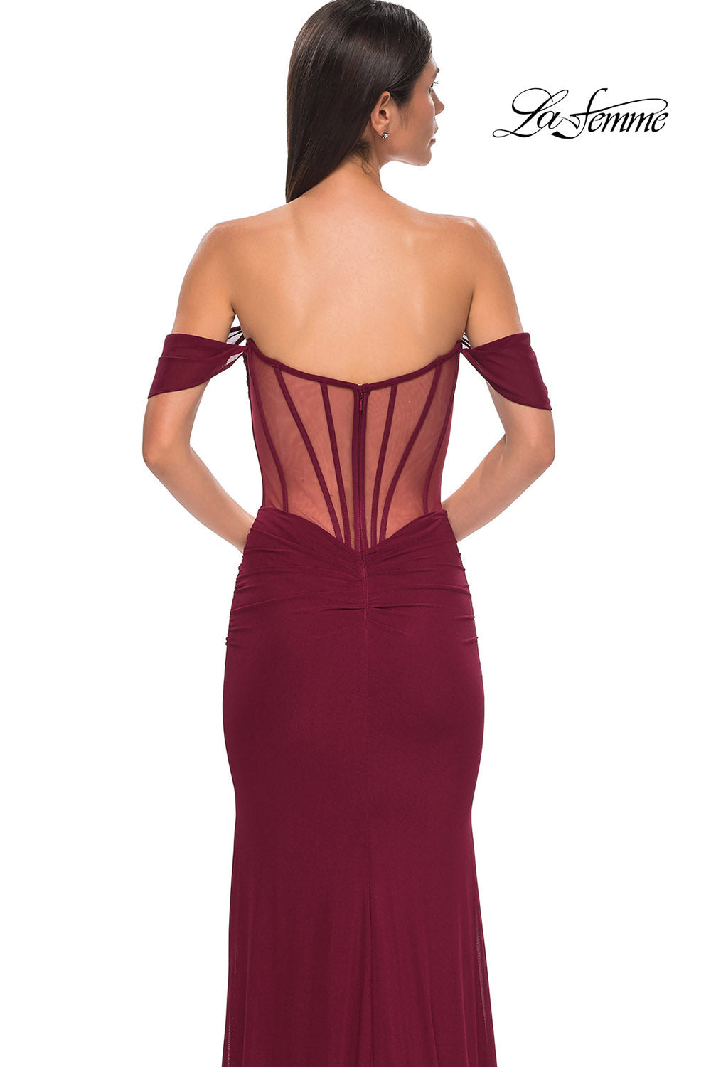 La Femme 32684 prom dress images. La Femme 32684 is available in these colors: Black, Dark Berry, Emerald.