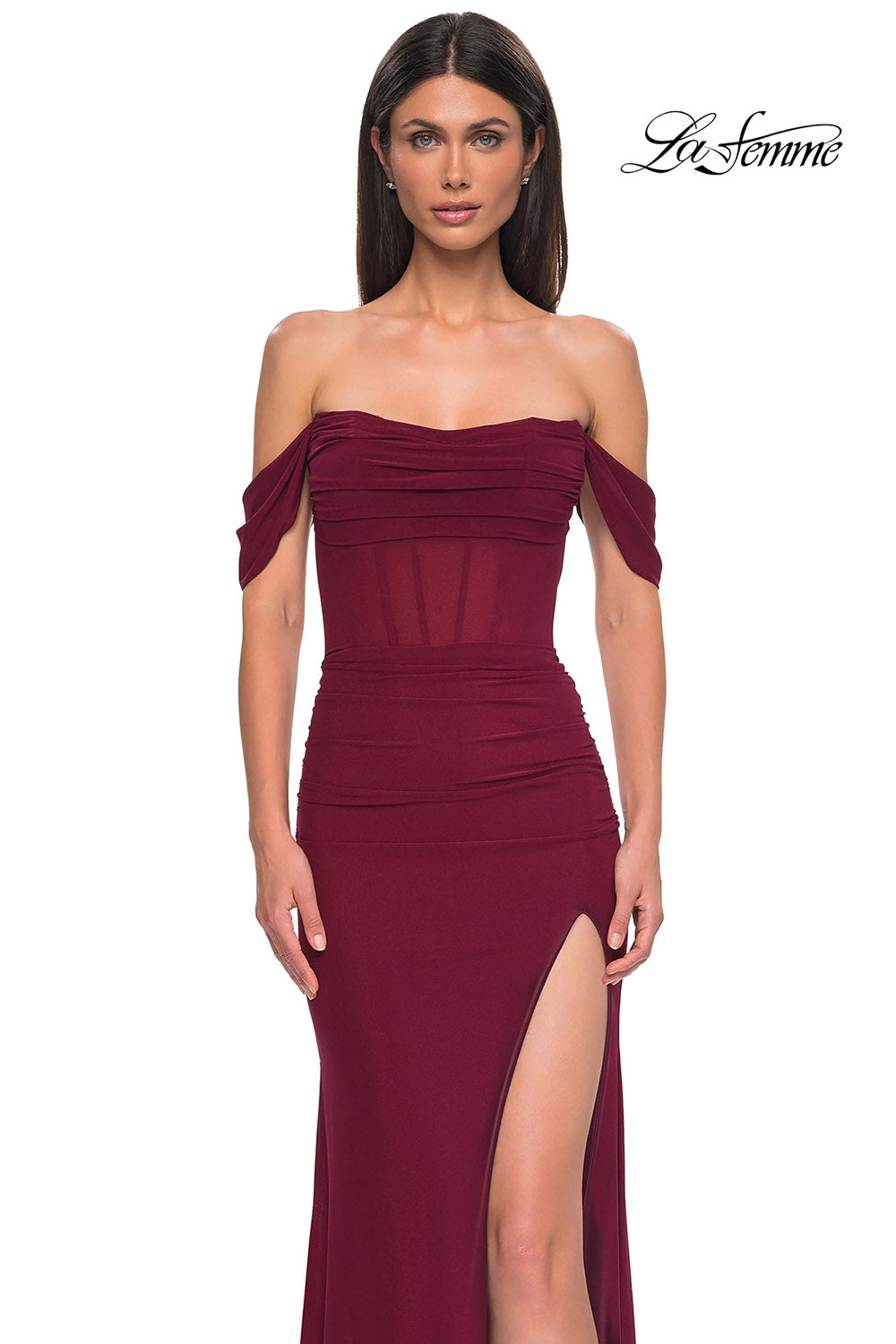 La Femme 32684 prom dress images. La Femme 32684 is available in these colors: Black, Dark Berry, Emerald.