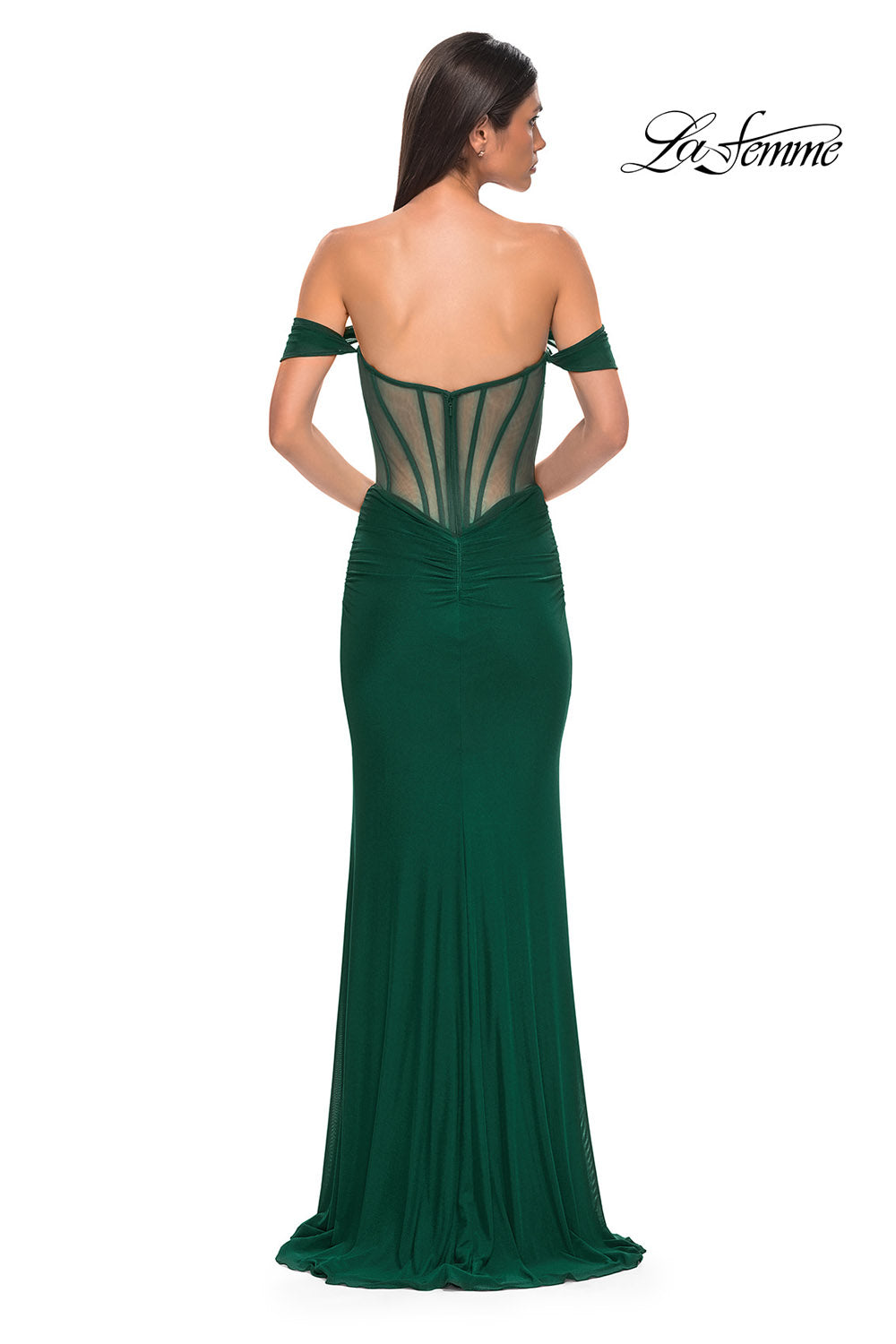 La Femme 32684 prom dress images. La Femme 32684 is available in these colors: Black, Dark Berry, Emerald.