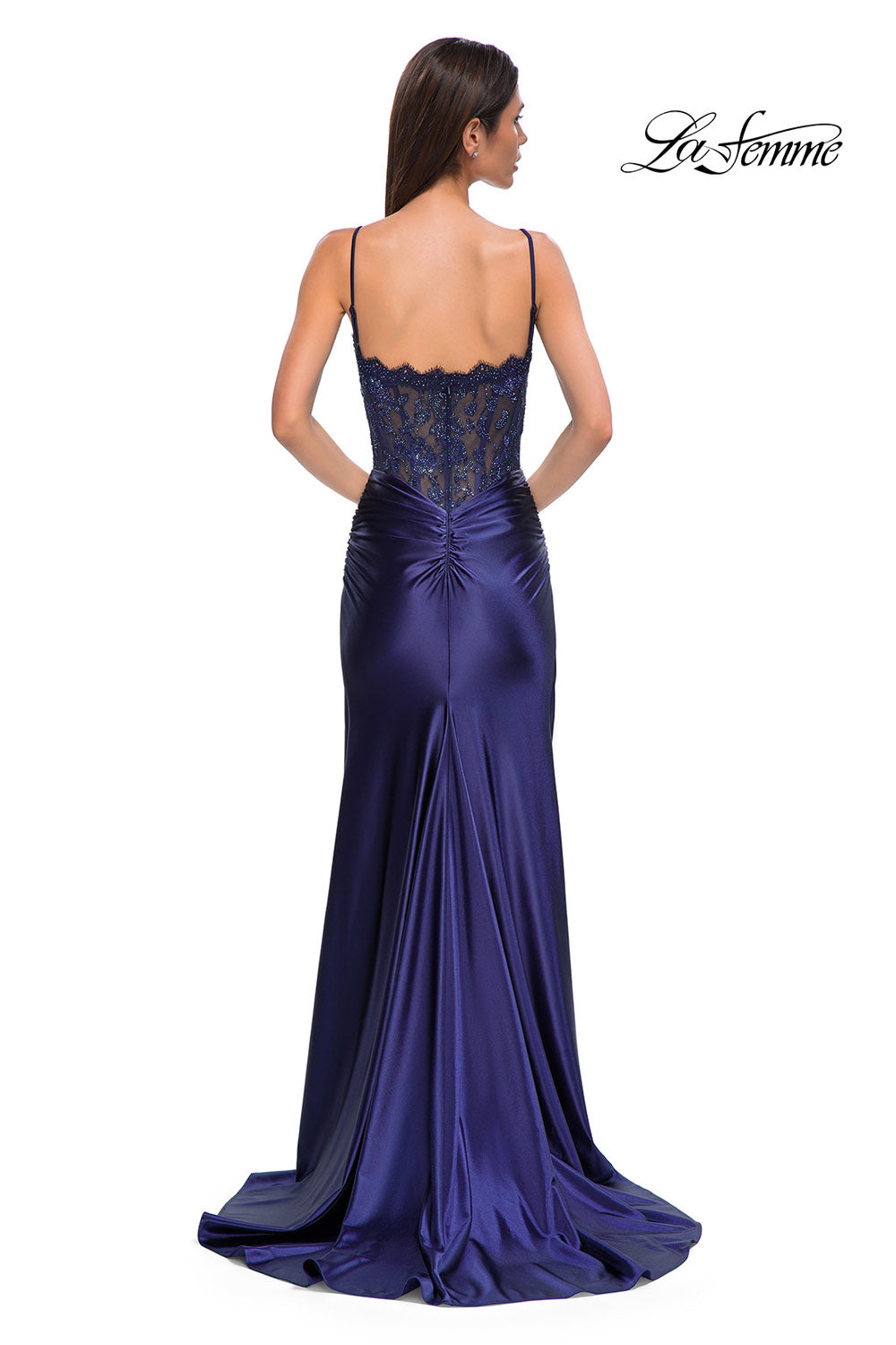La Femme 32689 prom dress images. La Femme 32689 is available in these colors: Bronze, Eggplant, Navy, Silver.