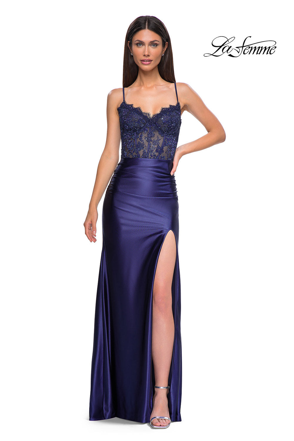 La Femme 32689 prom dress images. La Femme 32689 is available in these colors: Bronze, Eggplant, Navy, Silver.