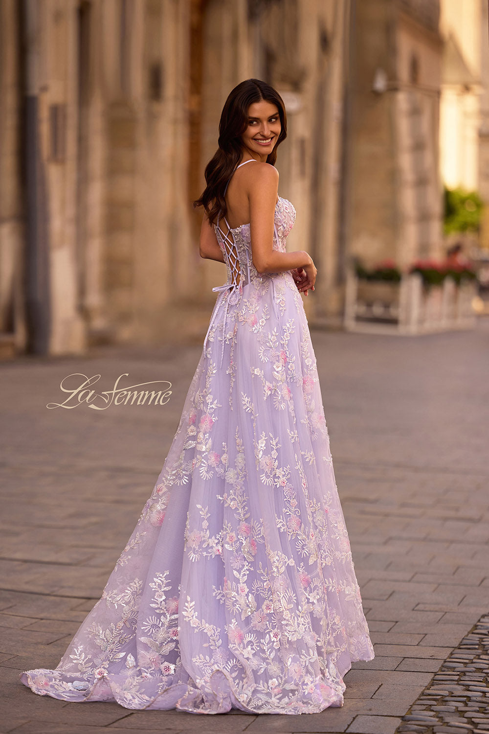 La Femme 32695 prom dress images. La Femme 32695 is available in these colors: Lavender.