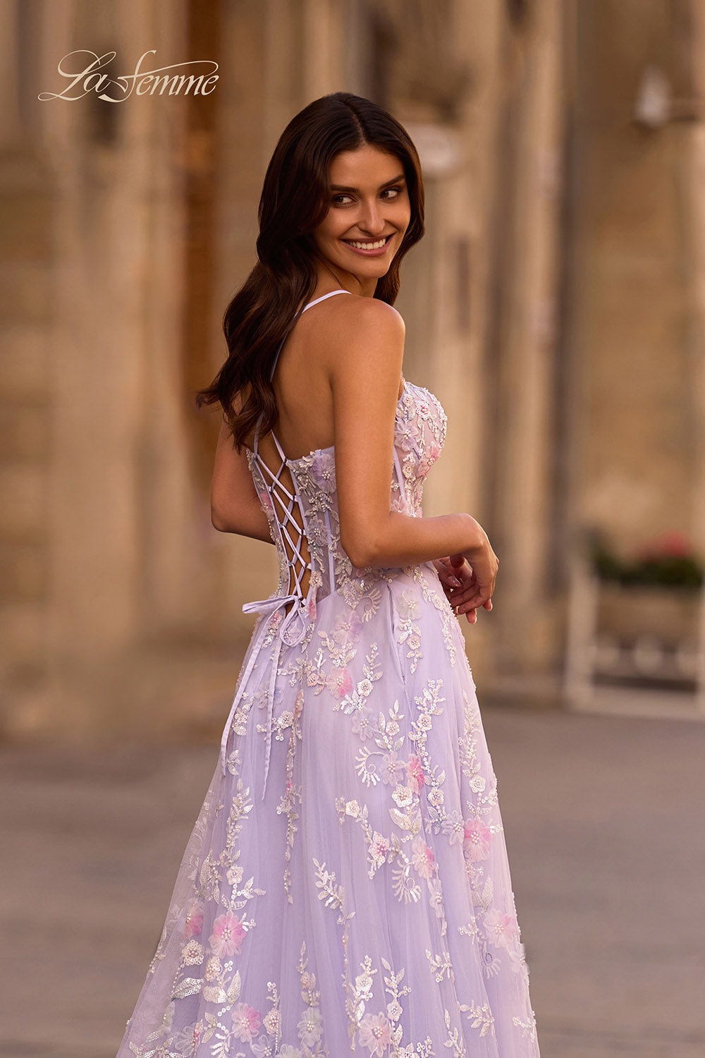 La Femme 32695 prom dress images. La Femme 32695 is available in these colors: Lavender.