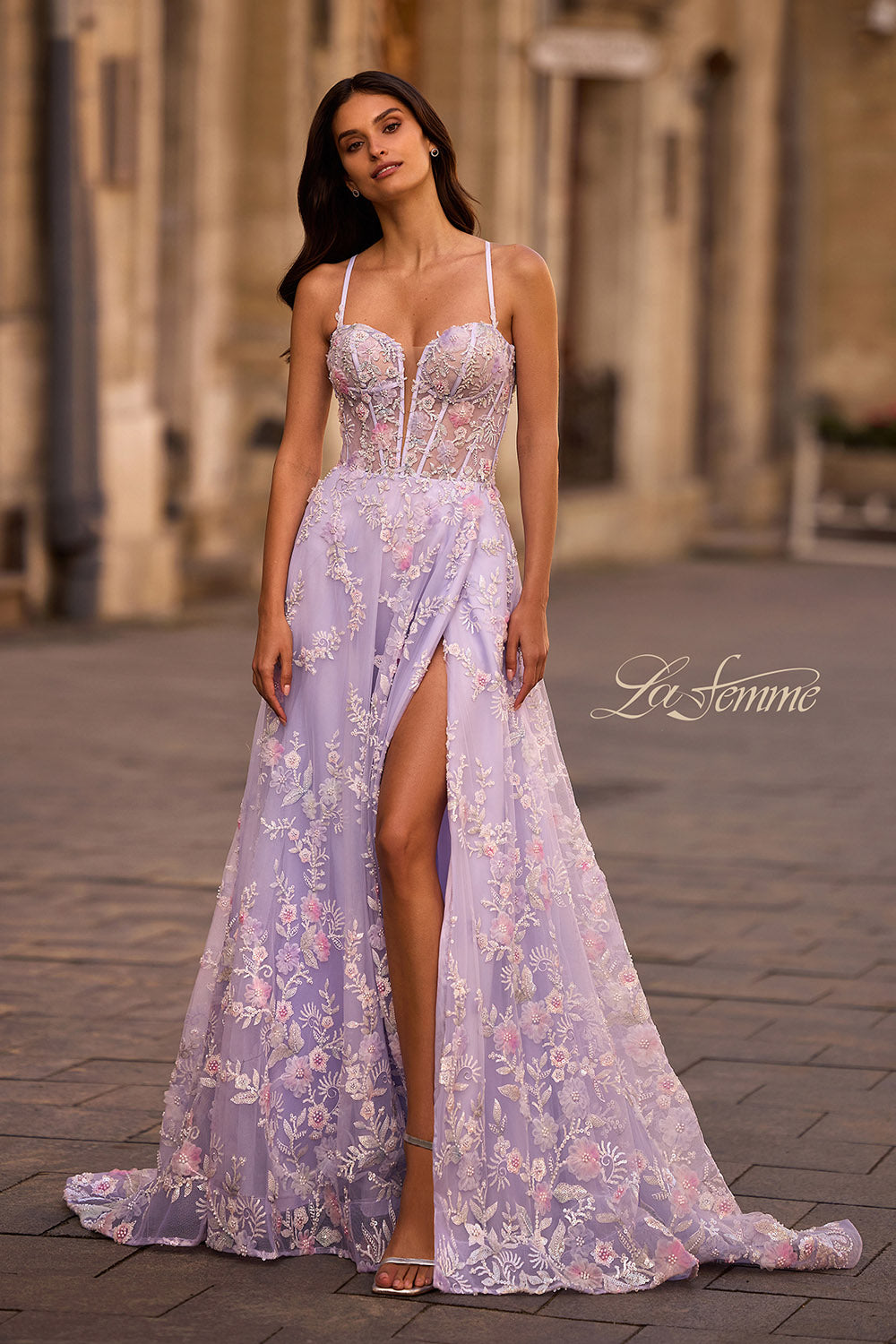 La Femme 32695 prom dress images. La Femme 32695 is available in these colors: Lavender.