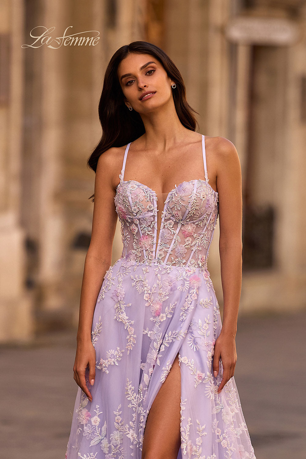 La Femme 32695 prom dress images. La Femme 32695 is available in these colors: Lavender.