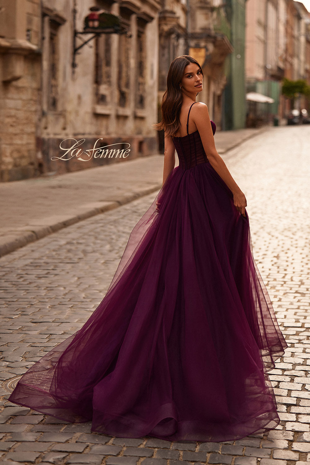 La Femme 32700 prom dress images. La Femme 32700 is available in these colors: Black, Dark Berry, Royal Blue.