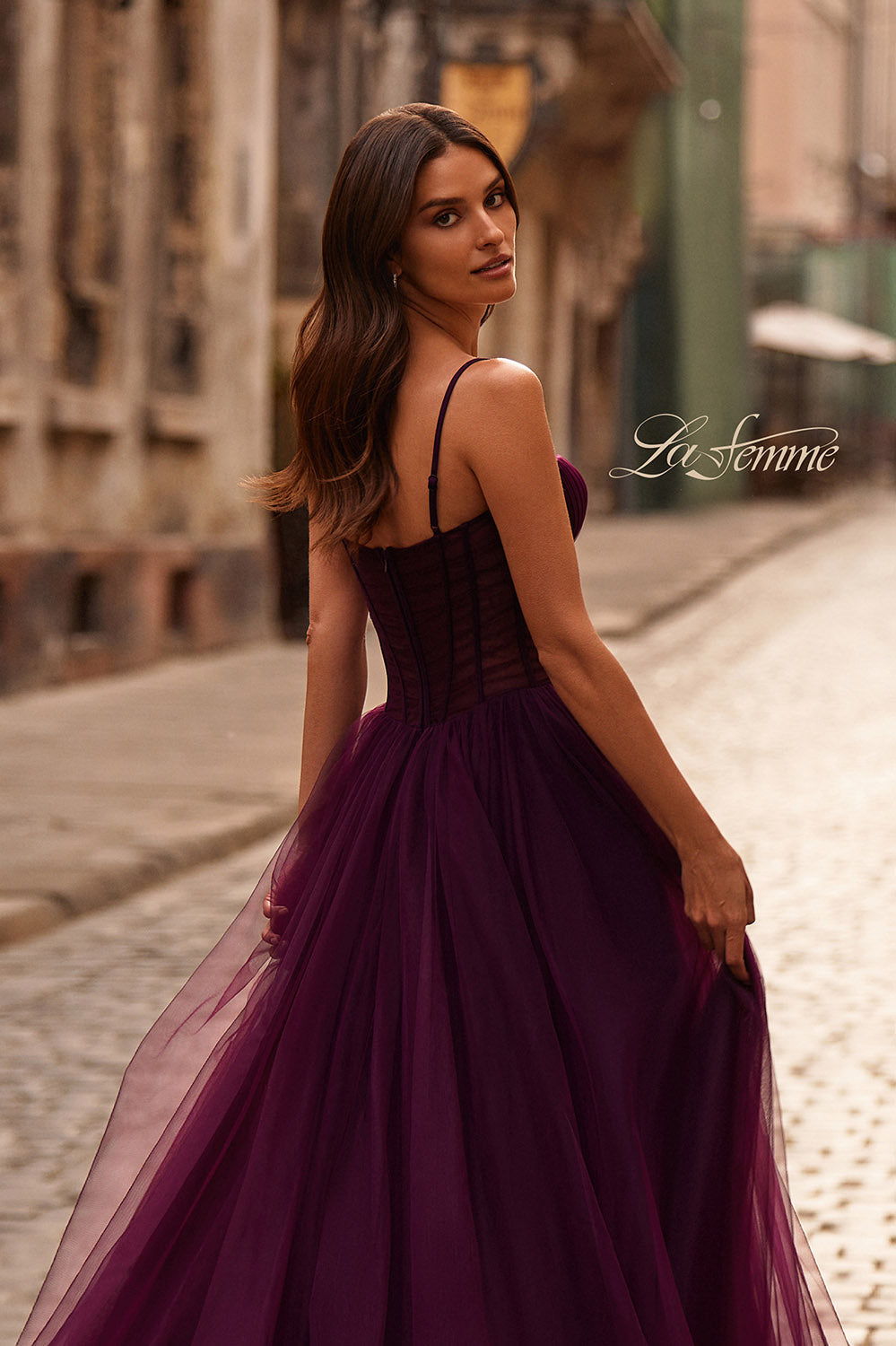 La Femme 32700 prom dress images. La Femme 32700 is available in these colors: Black, Dark Berry, Royal Blue.