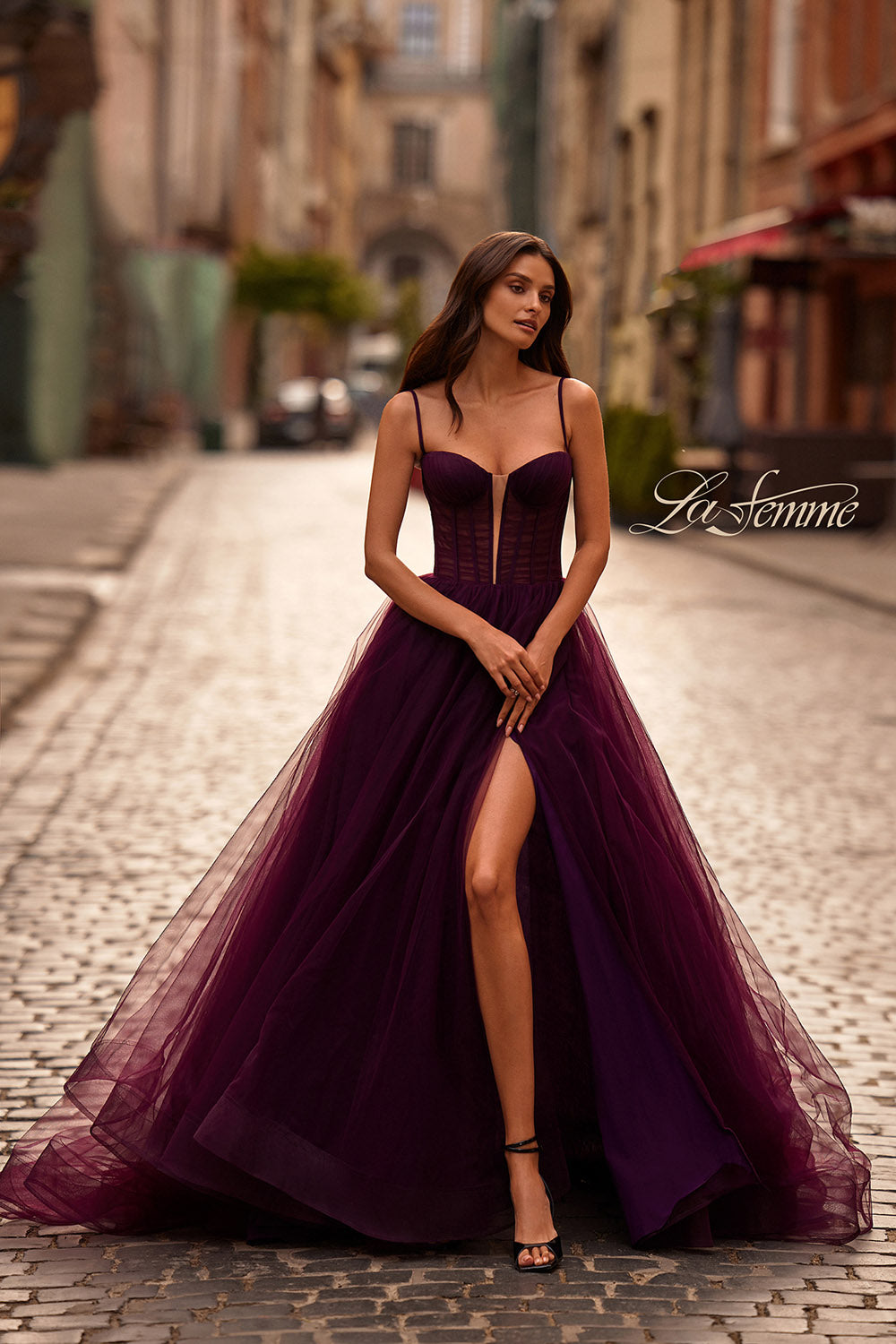 La Femme 32700 prom dress images. La Femme 32700 is available in these colors: Black, Dark Berry, Royal Blue.