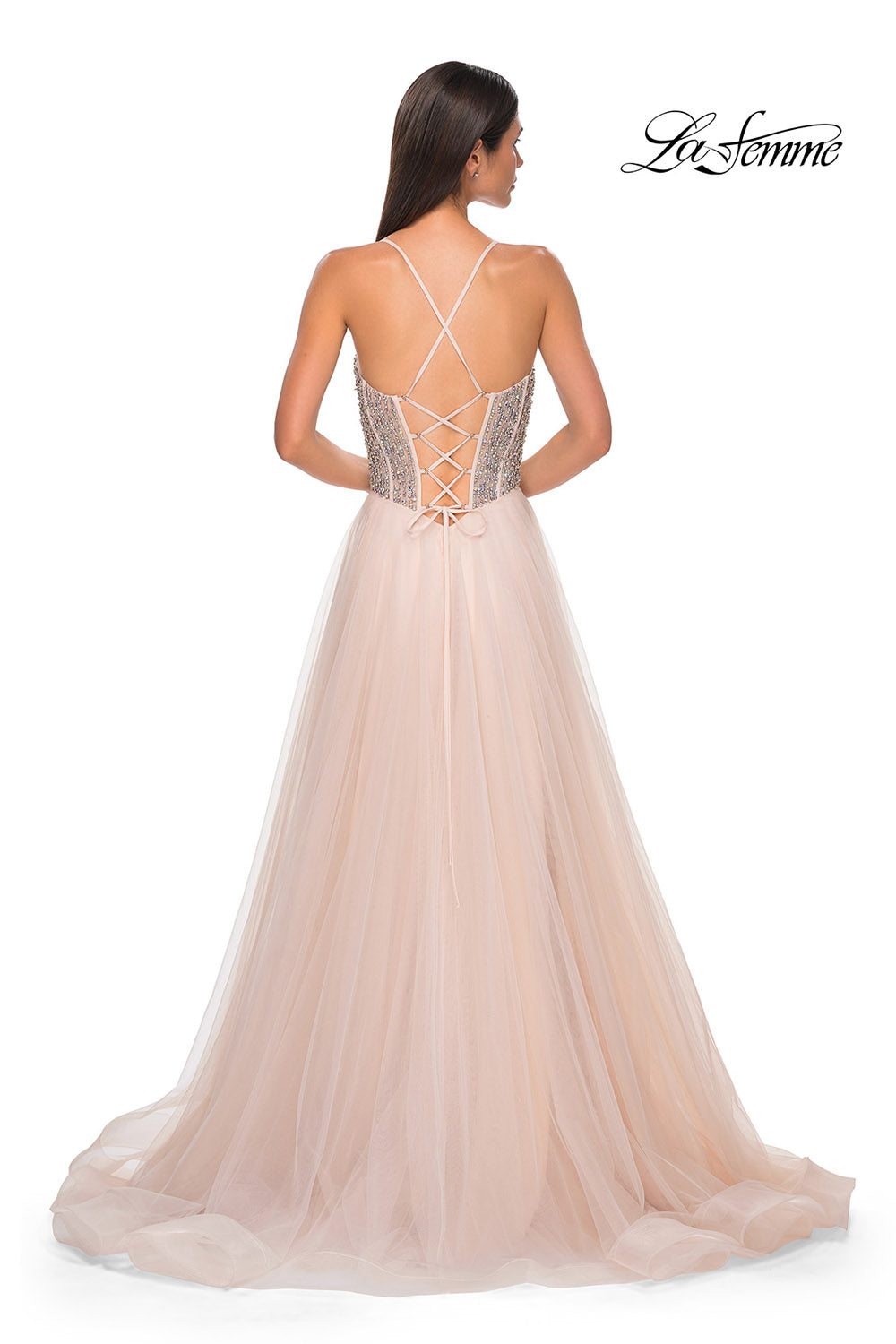 La Femme 32703 prom dress images. La Femme 32703 is available in these colors: Blush, Light Periwinkle, Pale Yellow, Sage.