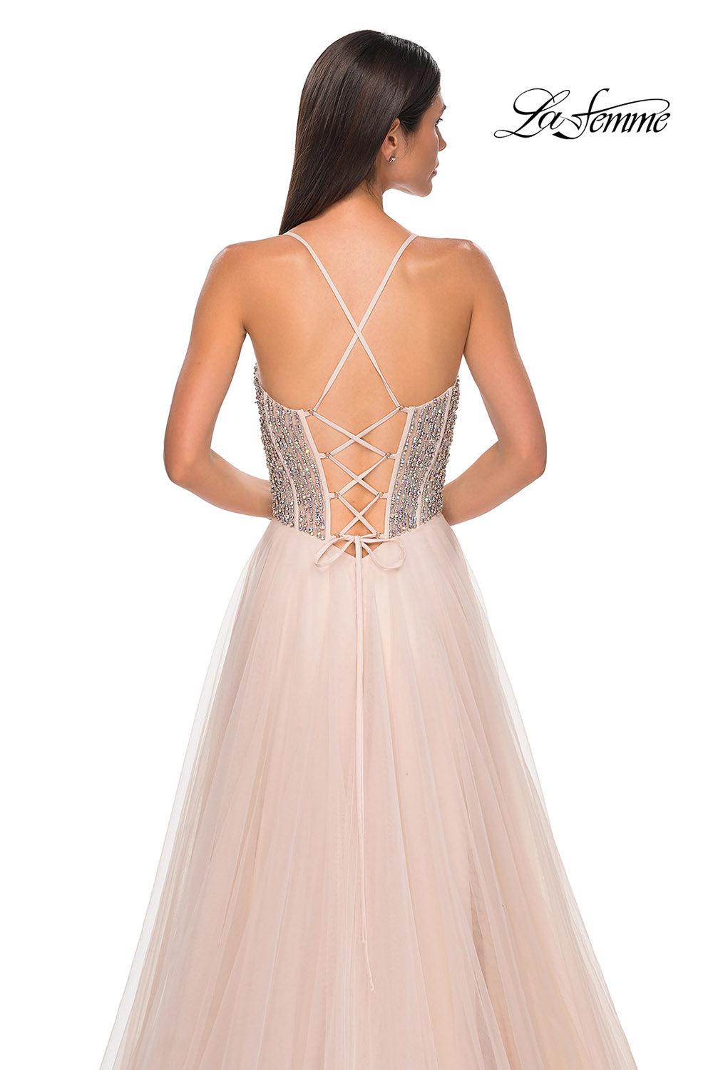 La Femme 32703 prom dress images. La Femme 32703 is available in these colors: Blush, Light Periwinkle, Pale Yellow, Sage.