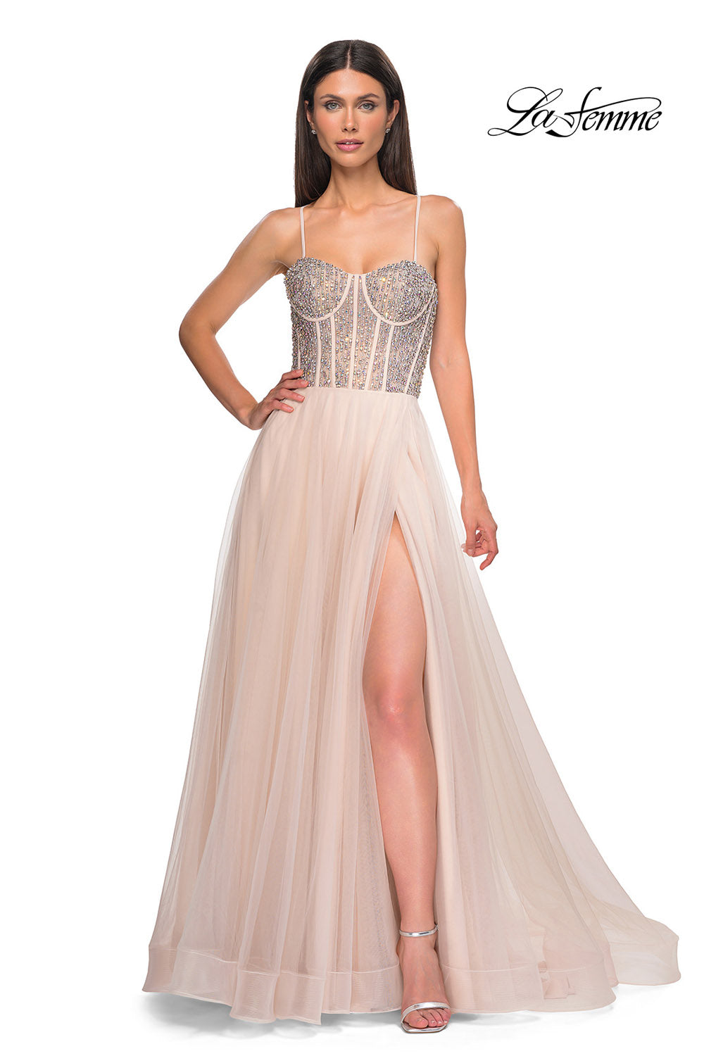 La Femme 32703 prom dress images. La Femme 32703 is available in these colors: Blush, Light Periwinkle, Pale Yellow, Sage.