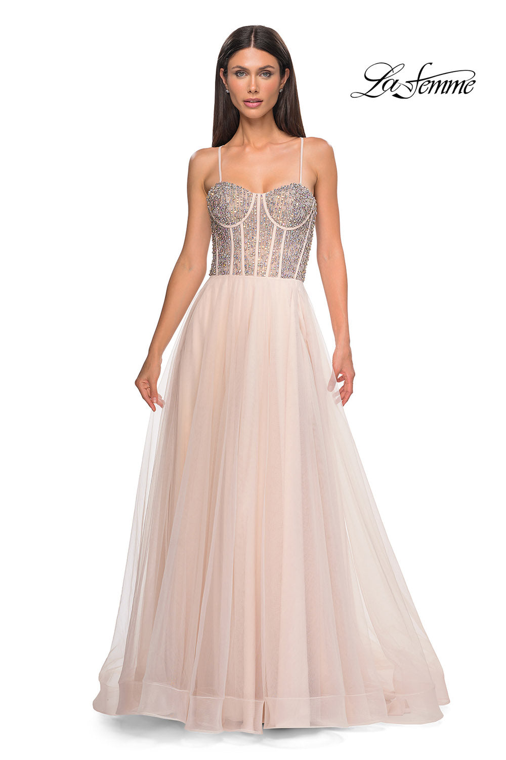 La Femme 32703 prom dress images. La Femme 32703 is available in these colors: Blush, Light Periwinkle, Pale Yellow, Sage.