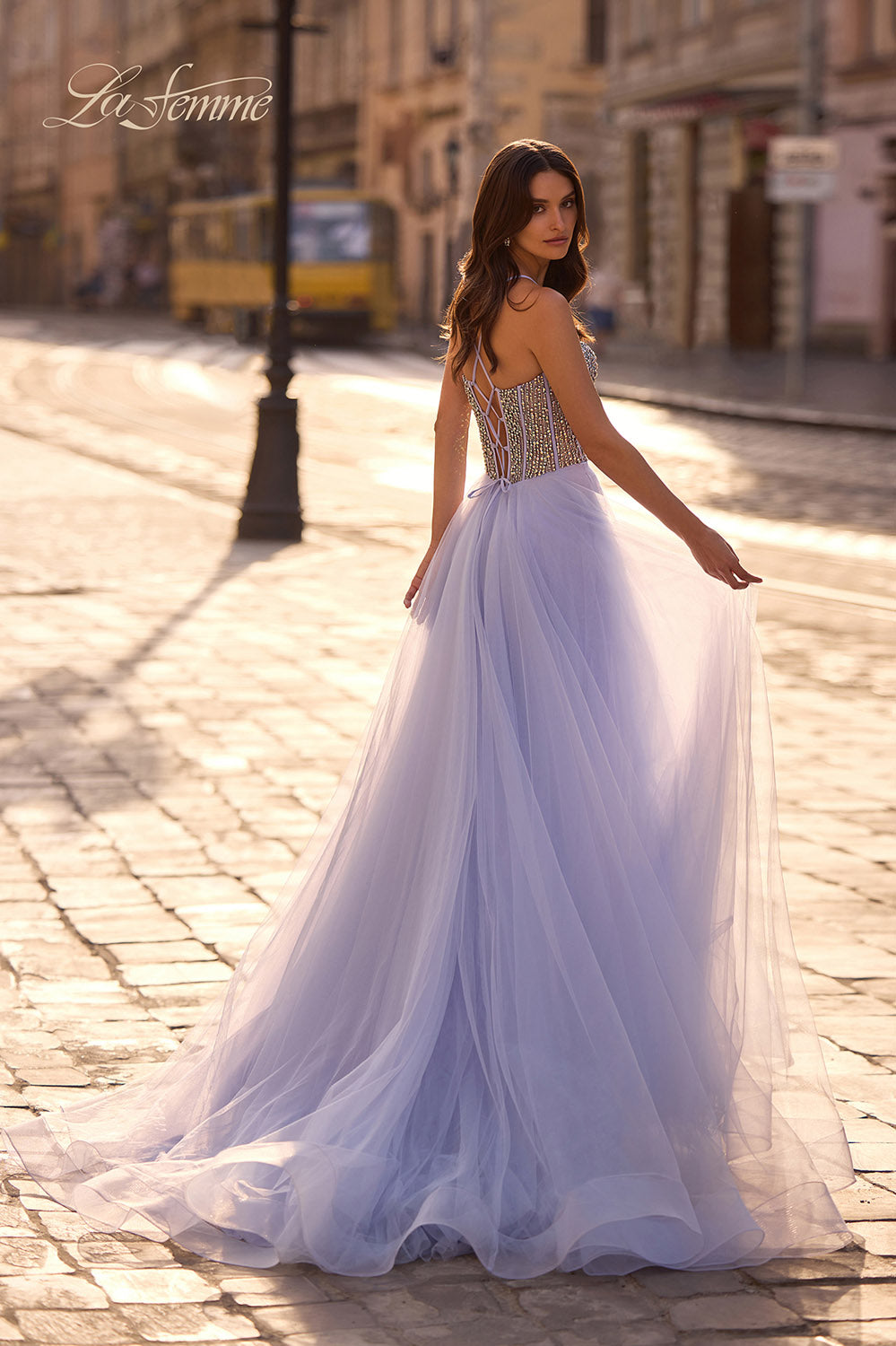 La Femme 32703 prom dress images. La Femme 32703 is available in these colors: Blush, Light Periwinkle, Pale Yellow, Sage.
