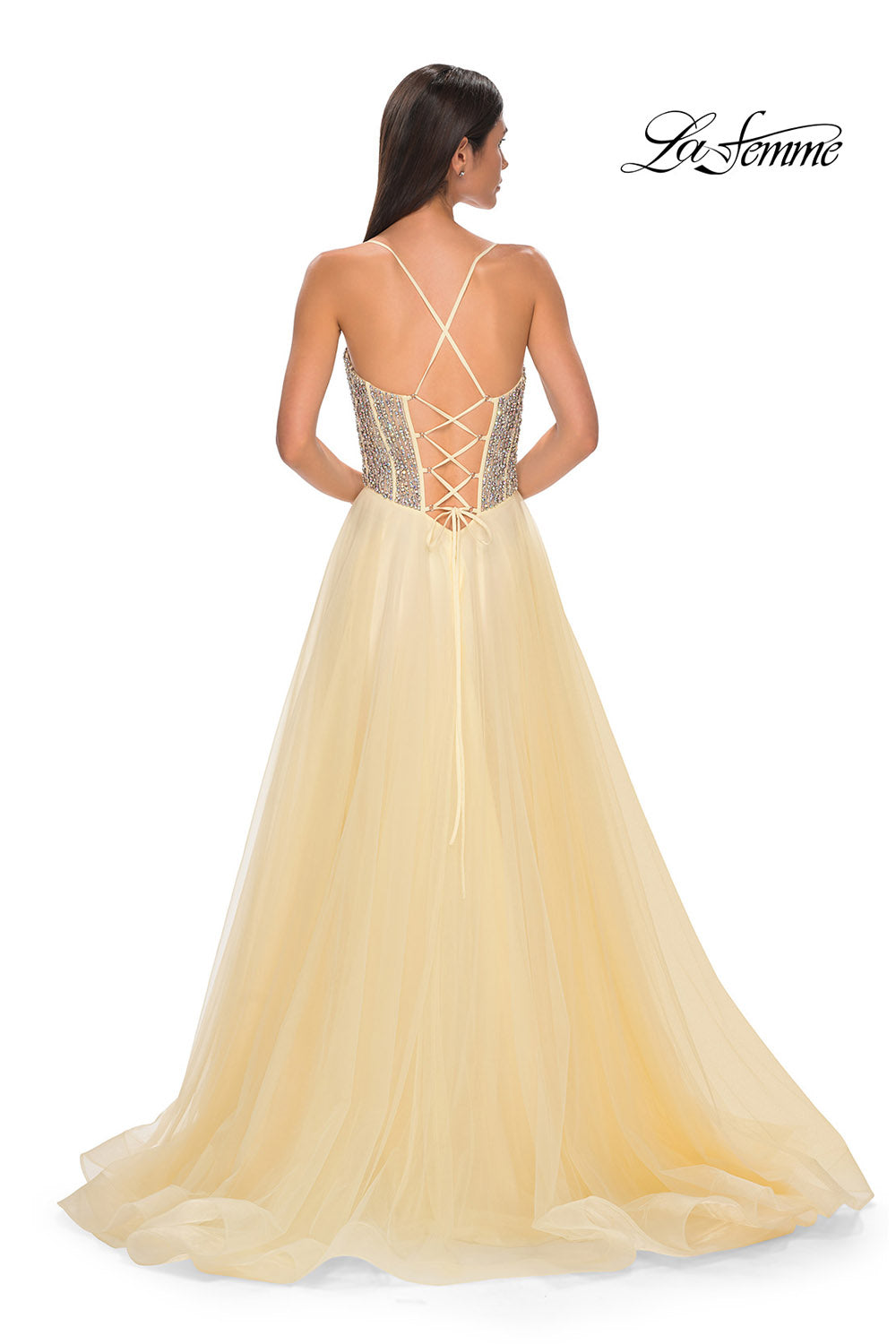 La Femme 32703 prom dress images. La Femme 32703 is available in these colors: Blush, Light Periwinkle, Pale Yellow, Sage.