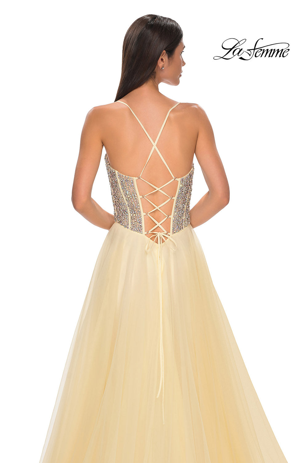 La Femme 32703 prom dress images. La Femme 32703 is available in these colors: Blush, Light Periwinkle, Pale Yellow, Sage.