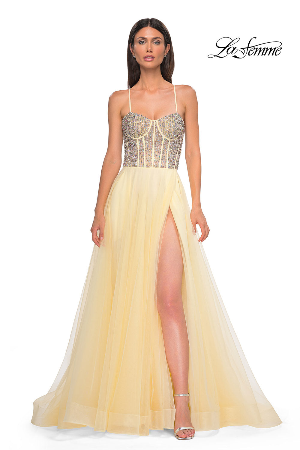 La Femme 32703 prom dress images. La Femme 32703 is available in these colors: Blush, Light Periwinkle, Pale Yellow, Sage.