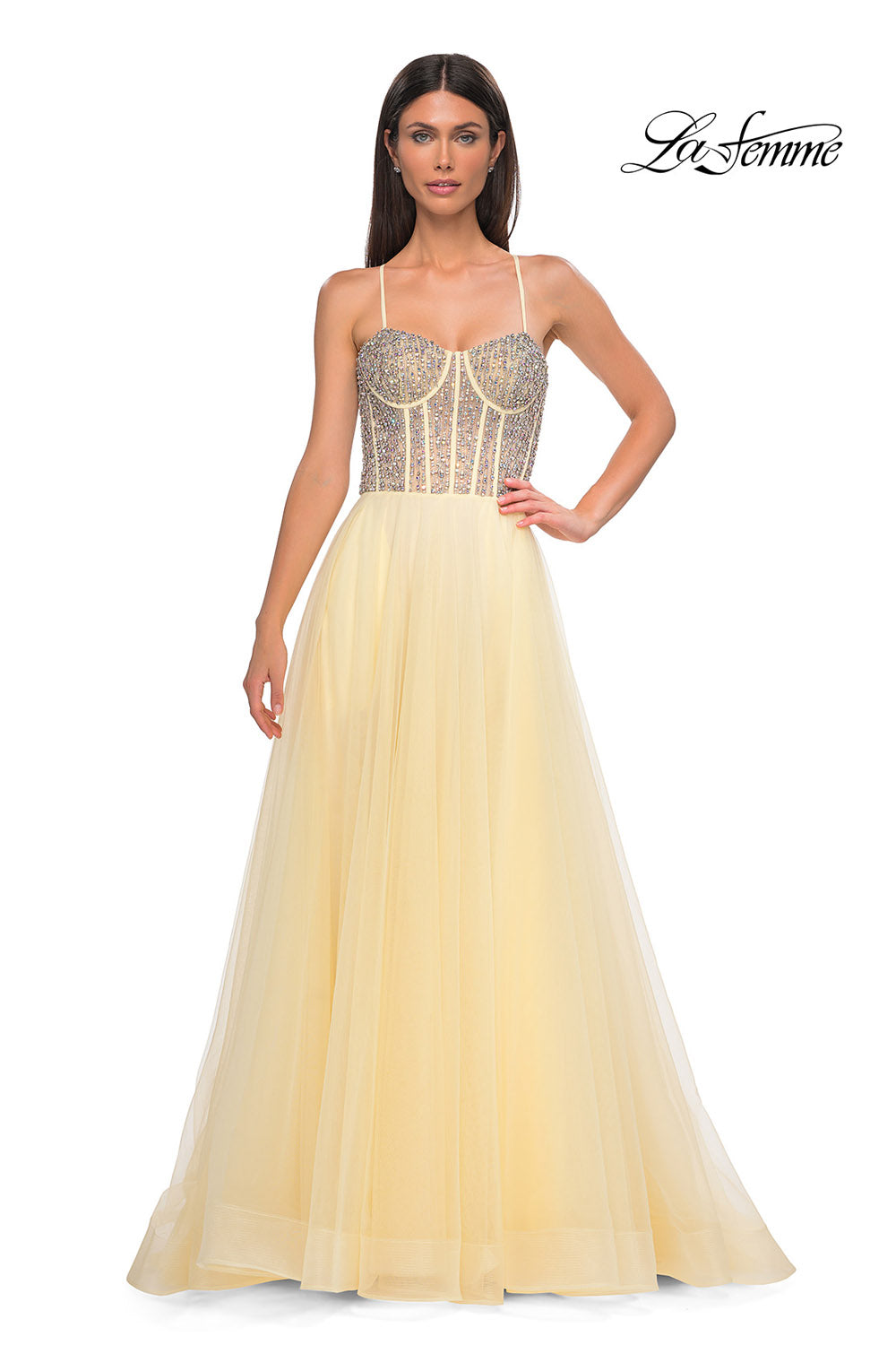 La Femme 32703 prom dress images. La Femme 32703 is available in these colors: Blush, Light Periwinkle, Pale Yellow, Sage.