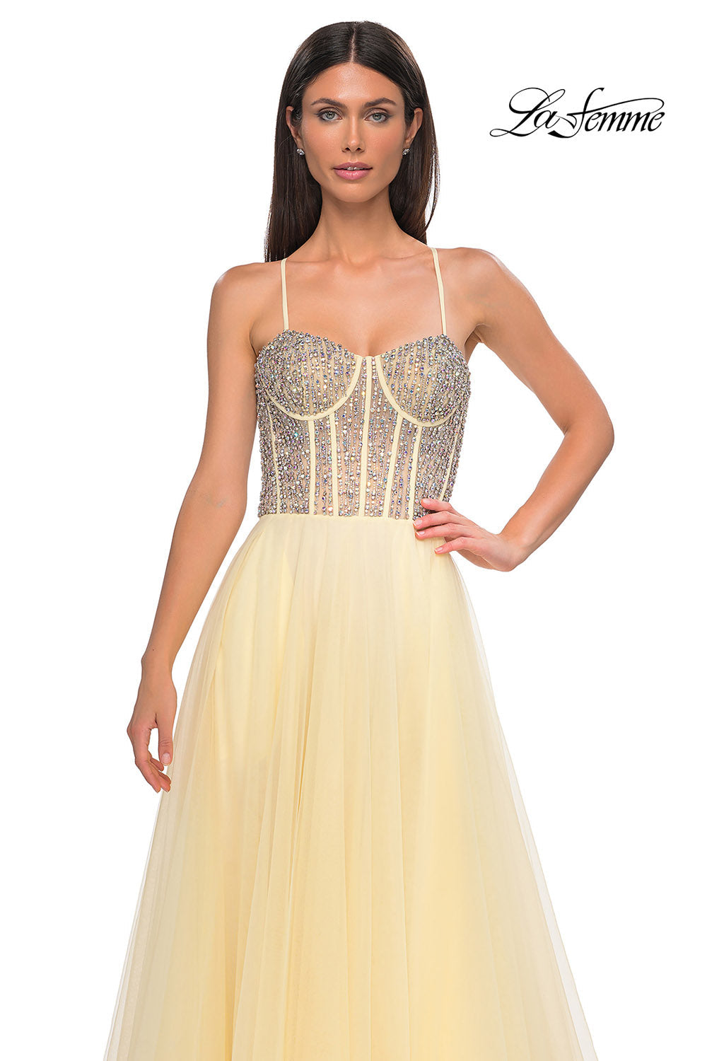 La Femme 32703 prom dress images. La Femme 32703 is available in these colors: Blush, Light Periwinkle, Pale Yellow, Sage.