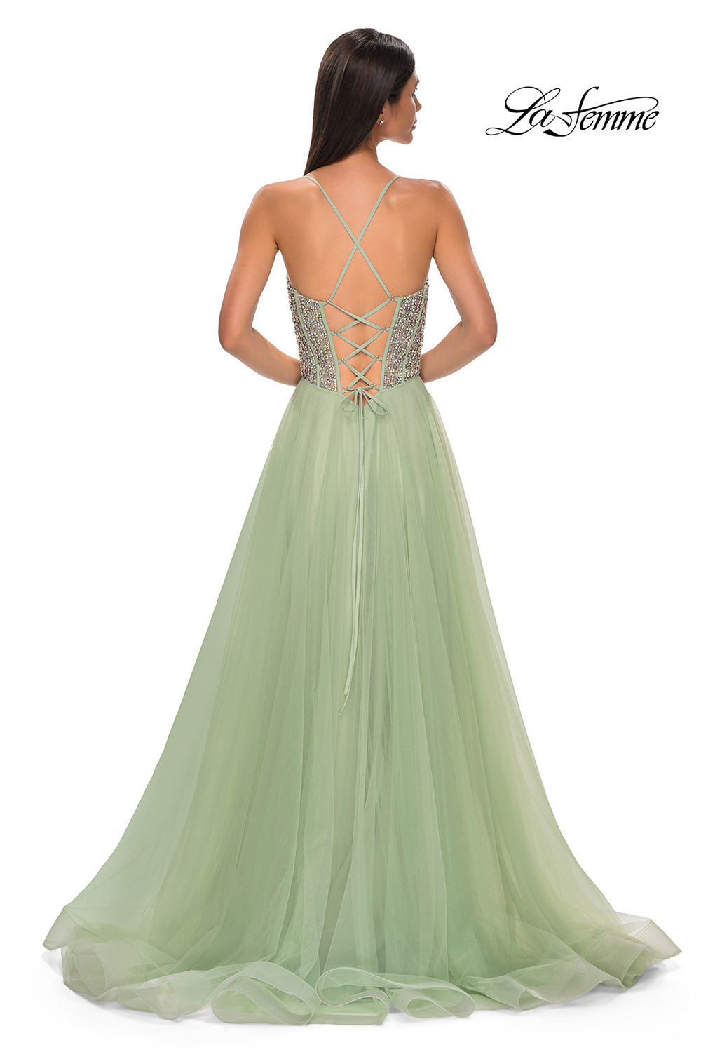 La Femme 32703 prom dress images. La Femme 32703 is available in these colors: Blush, Light Periwinkle, Pale Yellow, Sage.