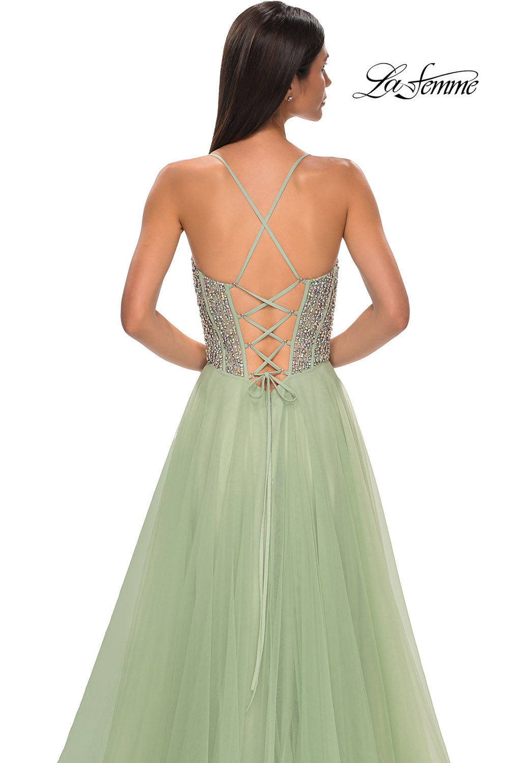 La Femme 32703 prom dress images. La Femme 32703 is available in these colors: Blush, Light Periwinkle, Pale Yellow, Sage.