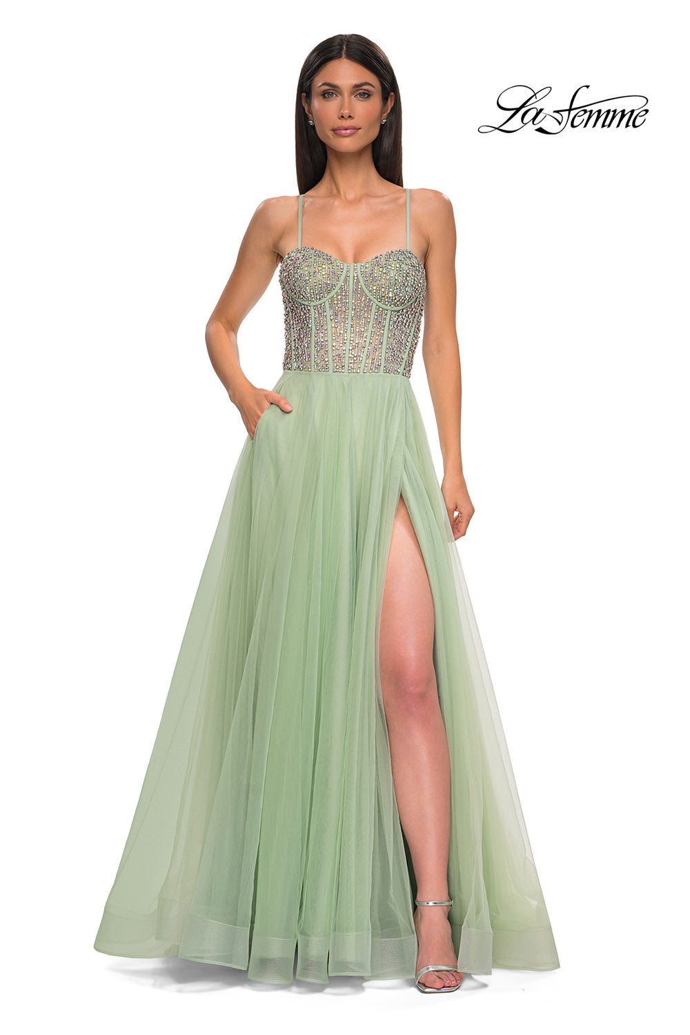 La Femme 32703 prom dress images. La Femme 32703 is available in these colors: Blush, Light Periwinkle, Pale Yellow, Sage.