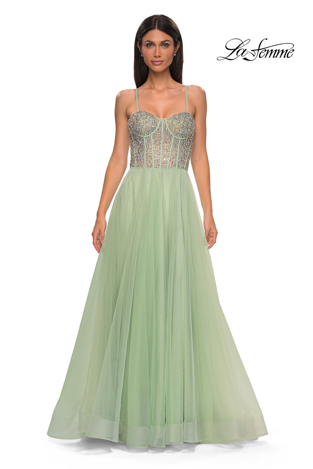 La Femme 32703 prom dress images. La Femme 32703 is available in these colors: Blush, Light Periwinkle, Pale Yellow, Sage.