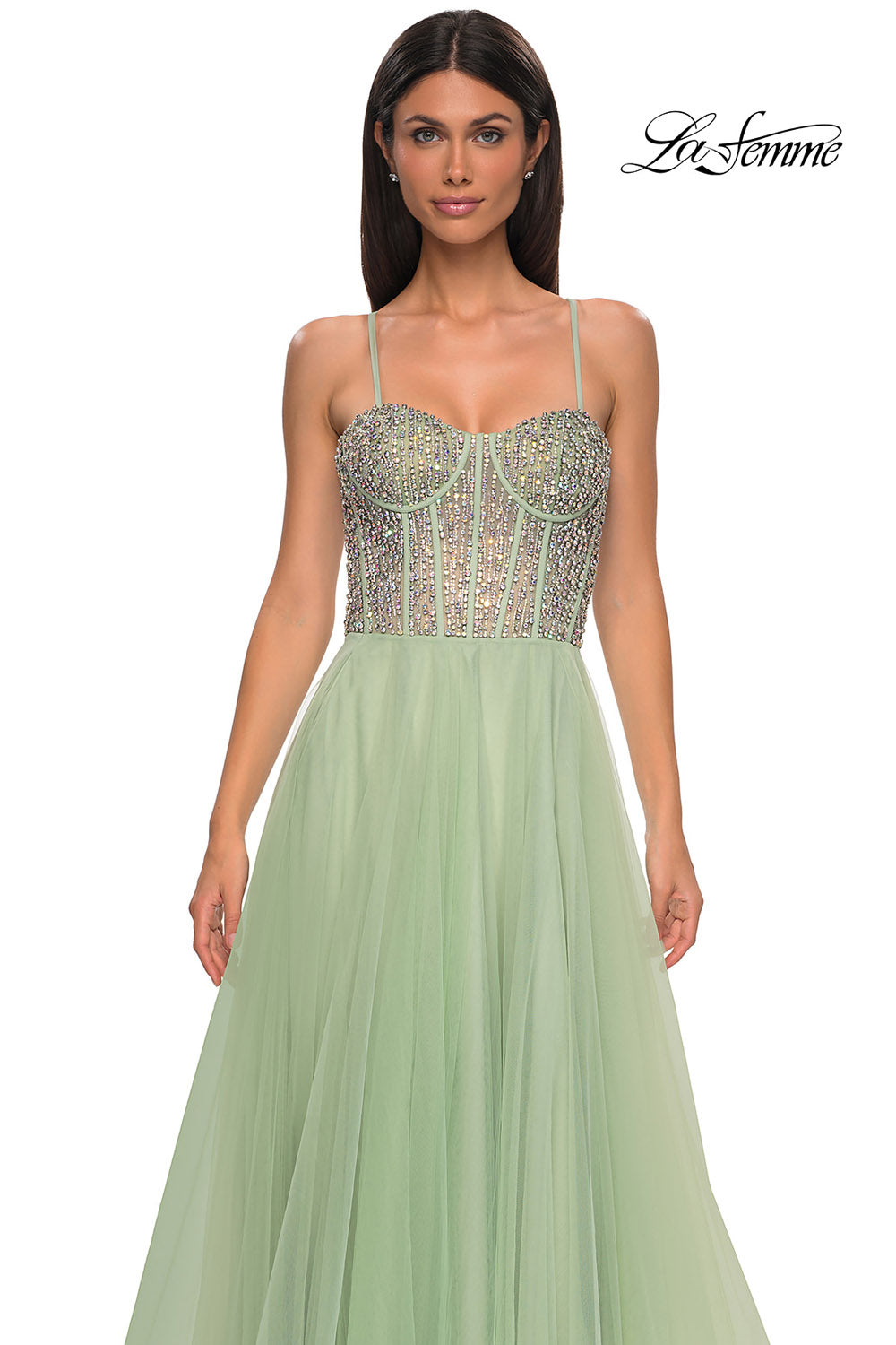 La Femme 32703 prom dress images. La Femme 32703 is available in these colors: Blush, Light Periwinkle, Pale Yellow, Sage.