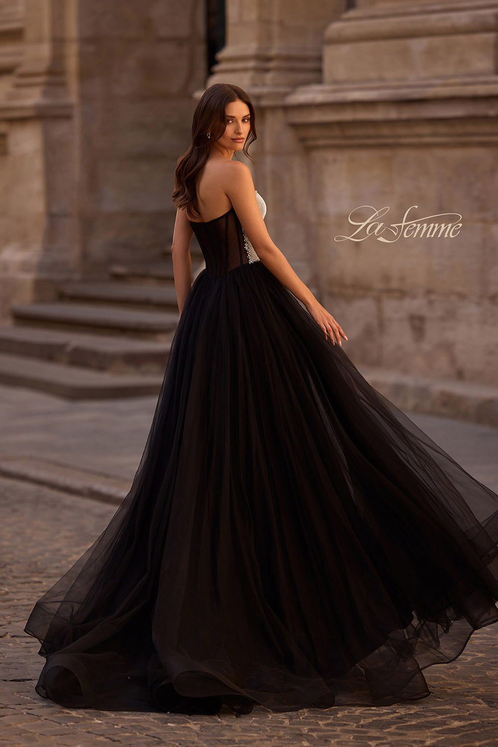 La Femme 32704 prom dress images. La Femme 32704 is available in these colors: Black.