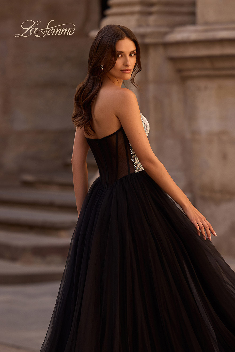 La Femme 32704 prom dress images. La Femme 32704 is available in these colors: Black.